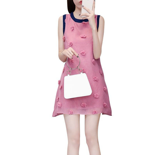 Bow Chiffon Vest Women's Summer Dress Sleeveless Round Neck Above The Knee  Home Dating Party Daily Wear
