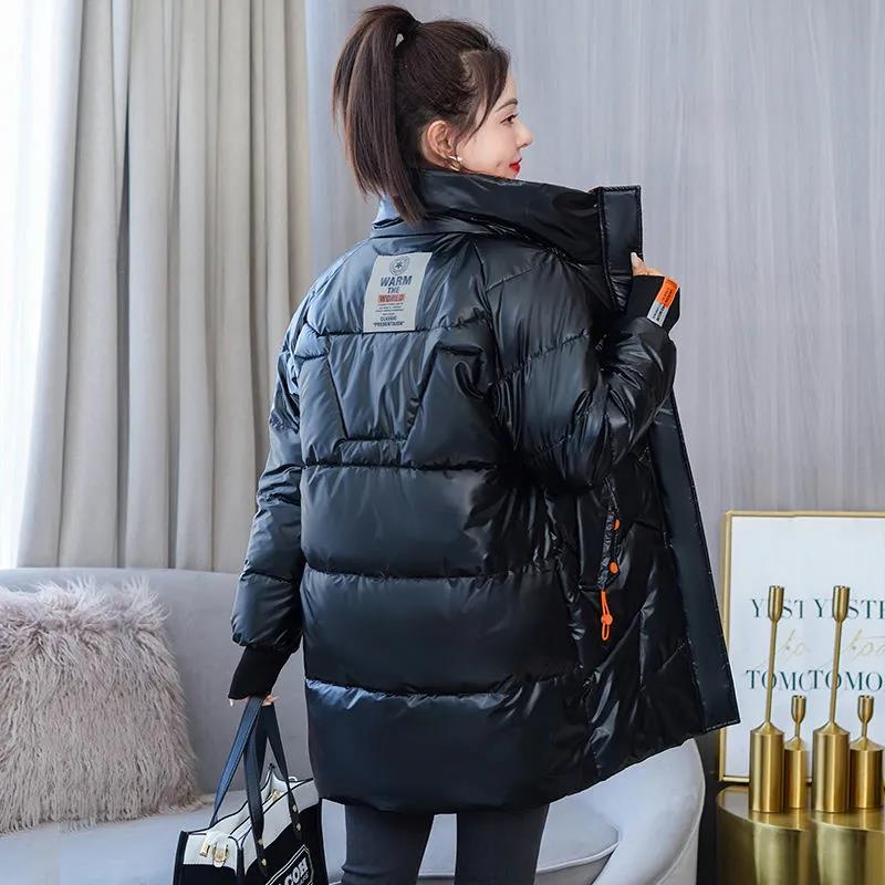 Down Cotton Jacket Winter Loose Korean Color Shiny Face-free Collar Mid-length Cotton Jacket Women