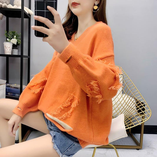 Spring and Autumn Ins Style Tassel Sweater Mid-length Loose Knit Jacket Pure Color Simple Female Top