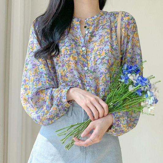Women Chiffon Floral Blouse Printed Western Style Fashion Temperament Shirt Long Sleeve Tops