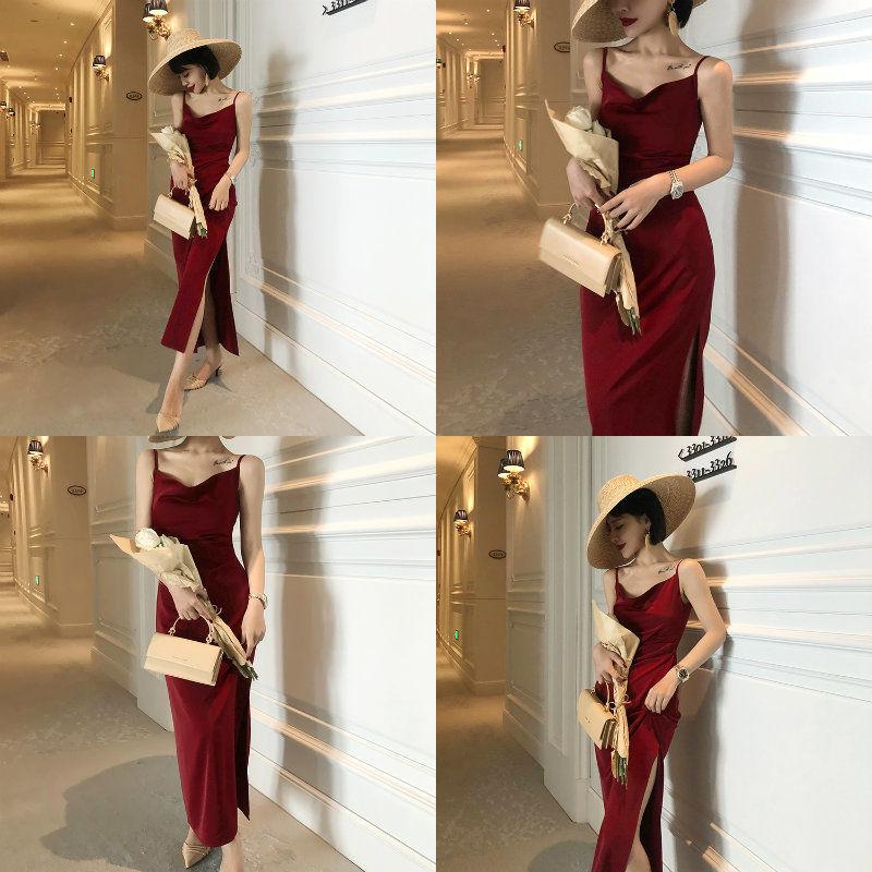 Spring Autumn Bottoming Skirt Retro Acetate Silk Satin Red Suspender Dress Waist Thin Temperament Wild Long Skirt