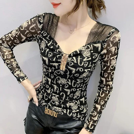 Sexy Mesh Bottoming Shirt Drill Design Sense Long Sleeve Women's Top V-Neck Slim Fit Plus Size Women's Clothing