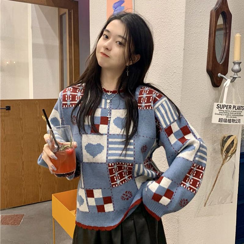 Autumn Winter  Women Fashion Sweater Casual Knitting Sweater Retro Round Neck Pullovers Loose Casual Long Sleeve Sweater