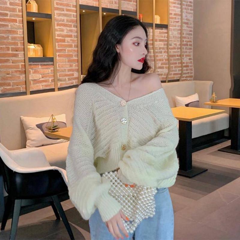 Pofulove lazy wind sweater female loose student wild long-sleeved cardigan hollow knitted jacket