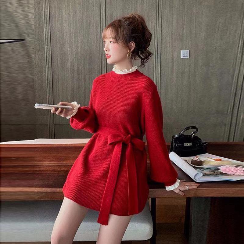 Autumn and Winter Korean Mid-length Red Knitted Sweater Women's Waist Lace Fake Two-piece Blouse