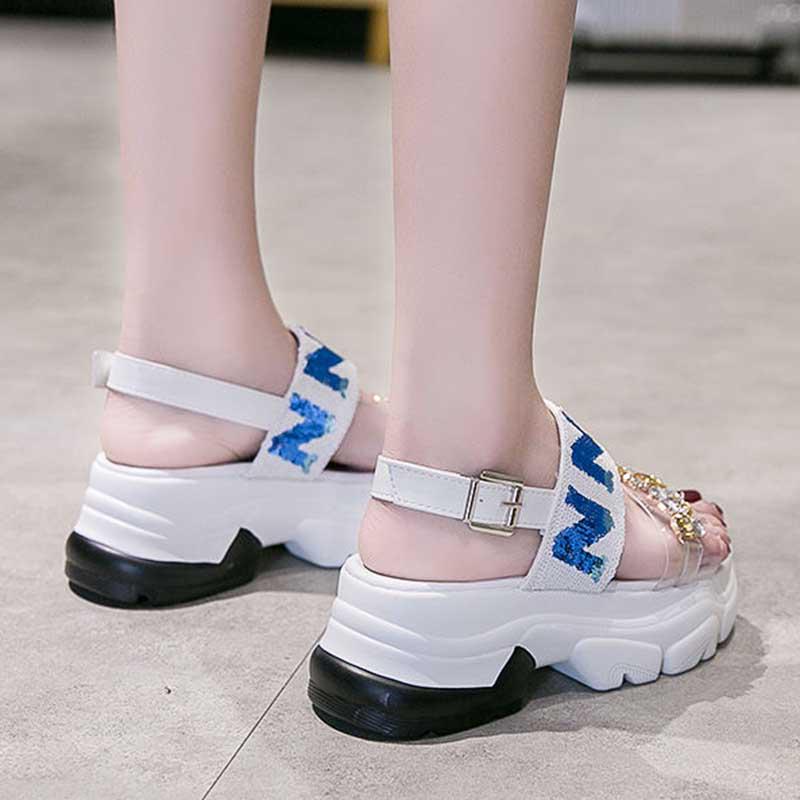 Size35-39 Summer Women Shiny Slippers Outdoor Crystal High Heels Bohemian Beach Wear-resistant Non-slip Slippers Wedge Platform Rhinestone Sandals