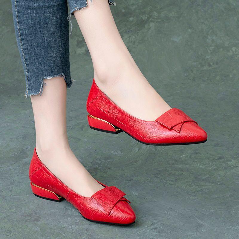 Women Shoes PU Leather Midi Pumps Square Heels Black Red Heel Party Wedding Fashion Pointed Toe Ladies Wedges Heels