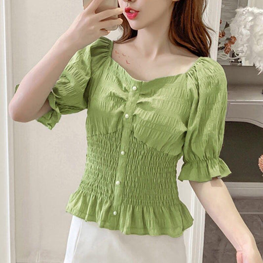 One-shoulder Puff Sleeve Shirt Women's Short-sleeved Waist Short Shirt Tops Women's Sweet Sexy Fabrics Comfortable Light and Breathable