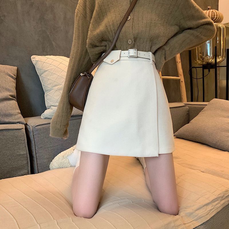 Woolen Cloth Women Sexy Tight A-line High Waist Hip Skirt Short Skirt Belt Split Fork Zipper Club Casual Home Office