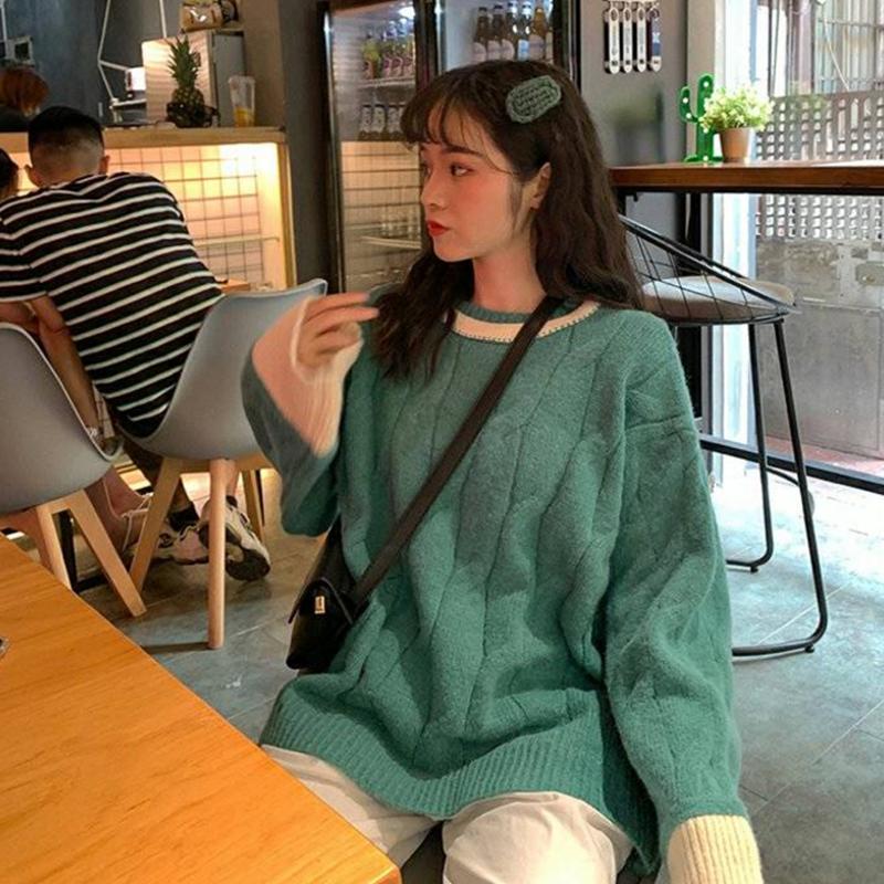 Pofulove fashion sweater women's clothing Loose sweet stitching knitted long-sleeved shirt tide