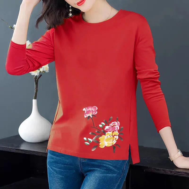 Spring & Fall Cotton T-shirt Women Casual Slit Top Peony Print Pullover Long Sleeve Bottoming Shirt