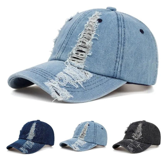 Hole Denim Hat Spring Autumn Cowboy Cap Men and Women Outdoor Sun Hat Casual Denim Baseball Cap Hip Pop Cap Adjustable Snap Back Cap