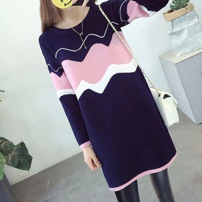 Spring and Autumn Mid-length Maternity Wear Sweater Round Neck Long-sleeved Splicing Color Base Skirt Low-neck Versatile Fashion Jacket