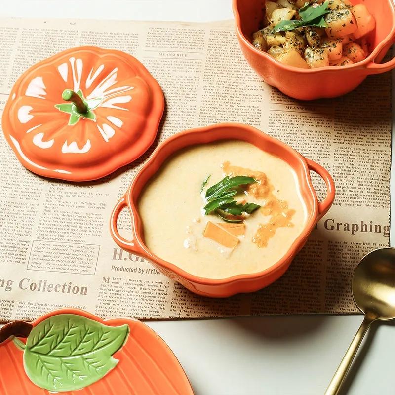 Japanese-style Cute Pumpkin Steamed Bowl Home with Cover Stewed Ceramic Double Ear Soup Bowl of Children's Creative Food Bowl
