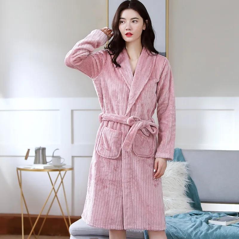 Women's Autumn Winter Coral Fleece Nightgown Mid-length Flannel Bathrobe Solid Color Striped Pocket Belted Dressing Gown Long Sleeves Thick Warm Robe