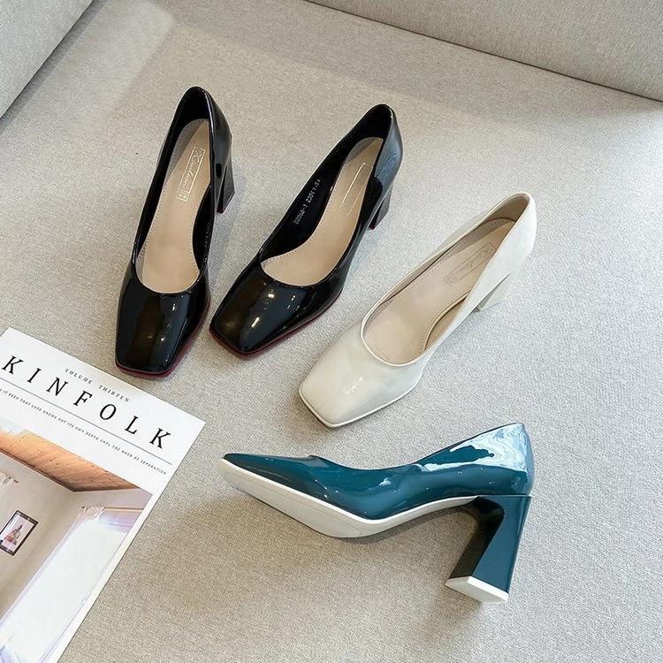 High Heels for Women Square Heel Patent Leather Pumps Square Toe Fashion Luxury Wedding Shoes Lady Office Work Shoes