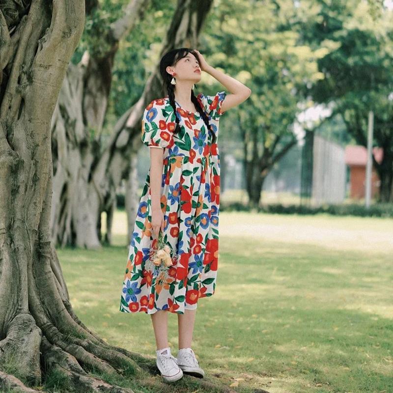 Cute Girl Puff Sleeve Dress Retro Print Long Loose Mid-length Skirt
