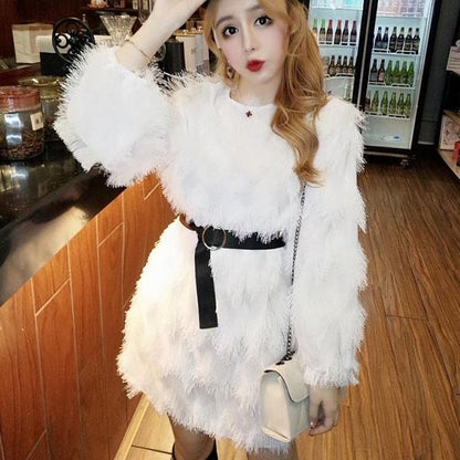Autumn and Winter Lantern Sleeve Tunic Sweater Fringed Round Neck Dress
