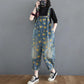Women Denim Overalls, Sunflower Print Jumpsuits, Loose Wide Leg Pants, Oversized Baggy Ladies Pantst, Retro Trousers