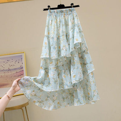 Printed Pattern Half-length Skirt Summer Floral Irregular Ruffled Wild A-line Super Fairy Cake Skirt Female Cute Skirt Fabric Light and Breathable