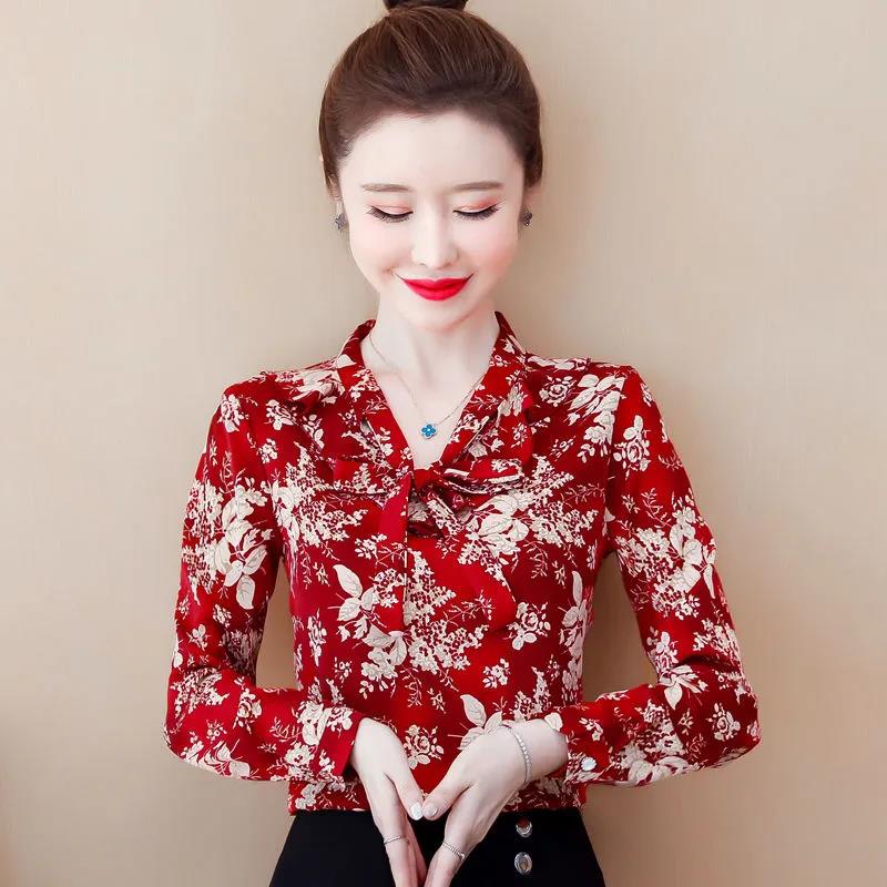 Floral Chiffon Shirt Women's Spring Western Style Cover Belly Bow Small Shirt All-match Loose Bottoming Top
