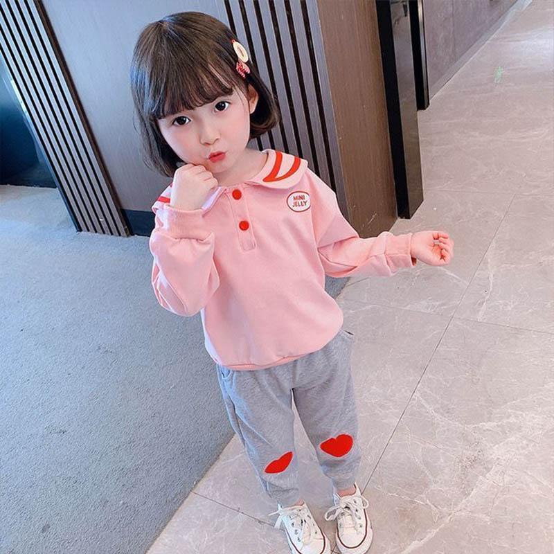 Baby Girl Suit Spring and Autumn Baby Clothes Letter Printing Pullover Lapel Cute Long-sleeved Sweater + Casual Sports Pants Two-piece Set