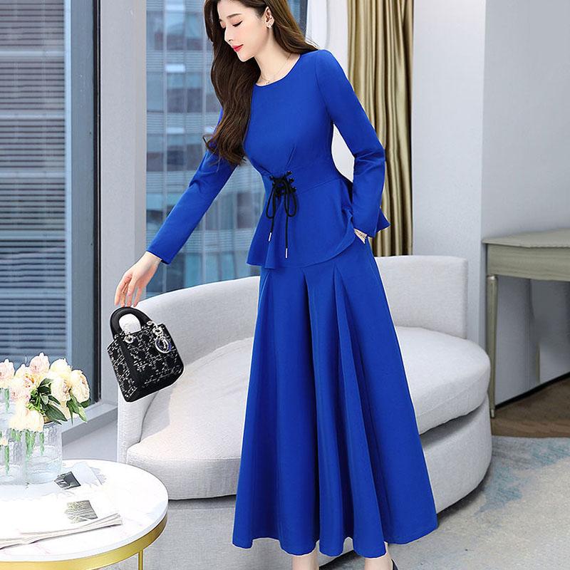 Suit Women's Spring and Autumn Dress Ladies Temperament Two-piece Set of Nine-point Wide-leg Pants + Round Neck Long-sleeved Top