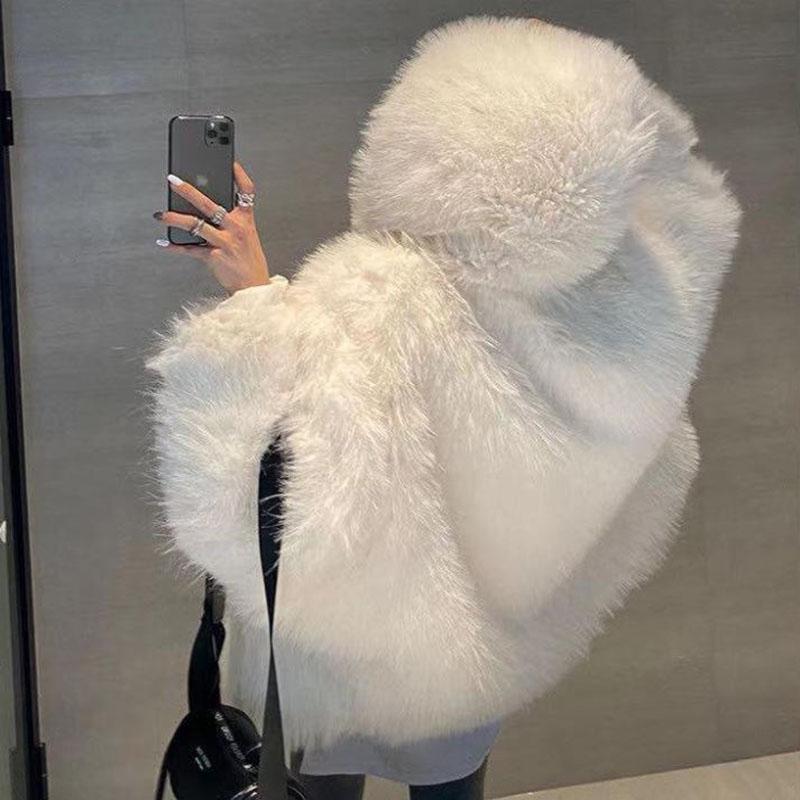 Winter Women's Fox Fur Mid-length Fur Collar Jacket Thick Faux Fur Hooded Jacket Korean Mid-length Mink Fur Plush Jacket
