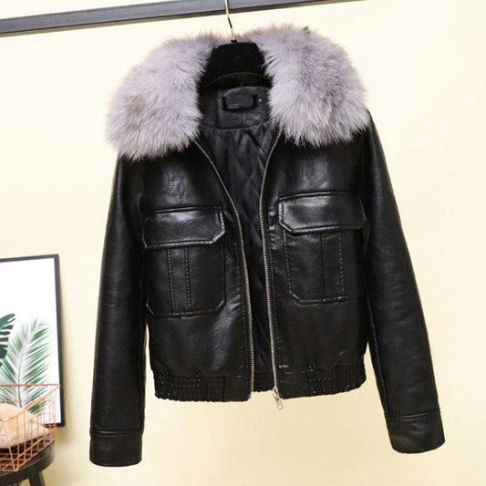 Autumn and Winter Leather Jacket Korean Version of The Short Big Fur Collar Motorcycle Jacket Thick Black Leather Jacket
