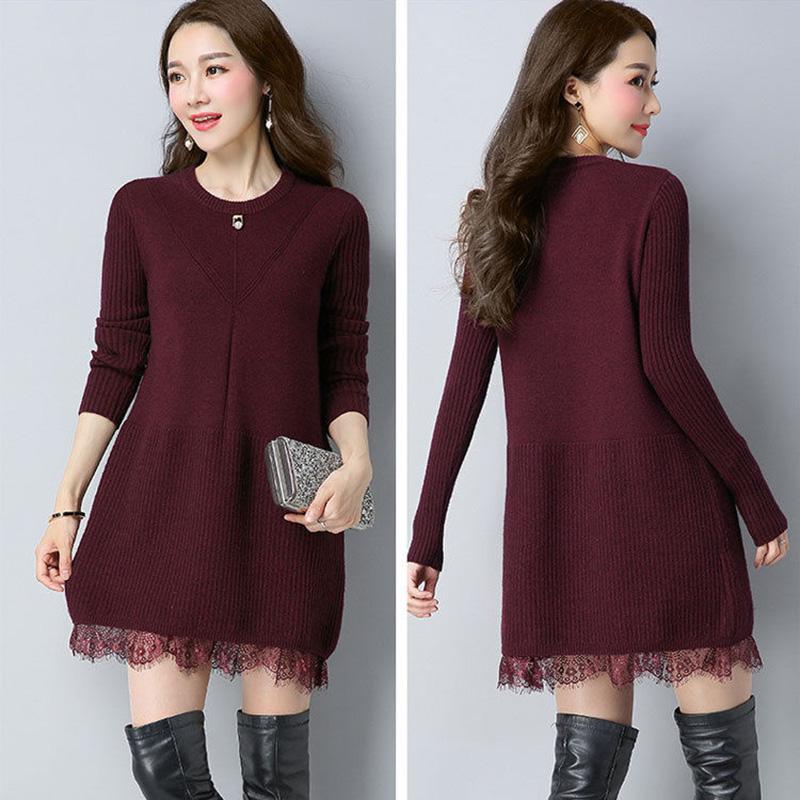 Plus Thick Autumn and Winter Sweater Women Loose and Warm Mid-length Bottoming Shirt Round Neck Knitted Lace Sweater Dress