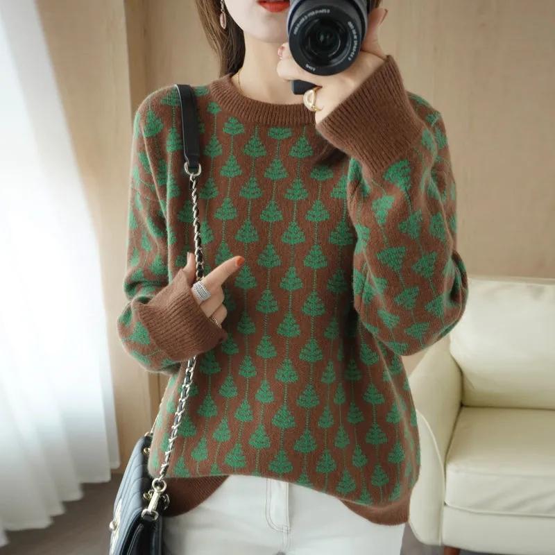 Sweater Women's Knitwear Pullover Round Neck Jacquard Korean Loose Top Trending Sweater Autumn and Winter Fluffy Top