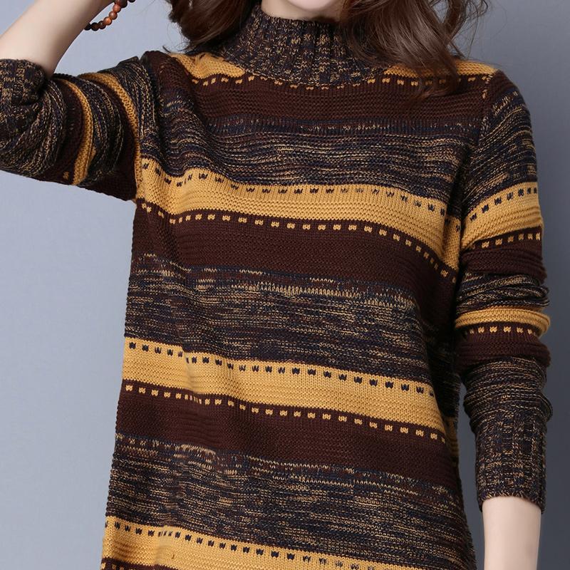 Autumn and Winter Thick Korean Version of The Hood Loose Striped Half High Neck Mid-length Floral Line Sweater Women's Large Size Base Sweater