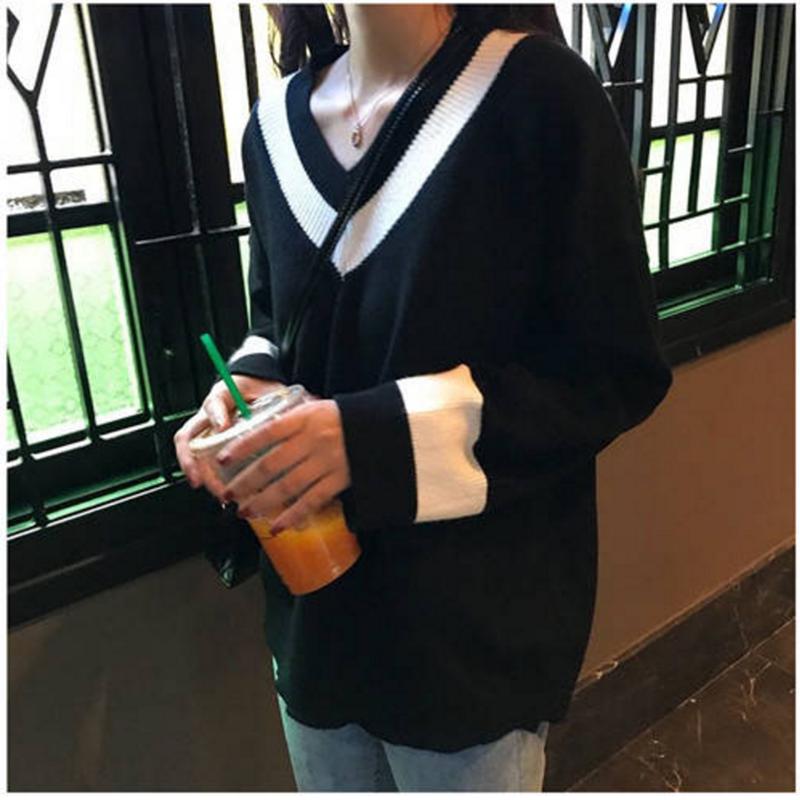 Winter Sweater Female Stripe V-neck Sweater Loose Lazy Wind Sweater College Wind Bottoming Shirt