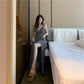 Fashion women Sexy off shoulder Spaghetti Strap Dress elastic V-neck stripe backless Maxi Dress