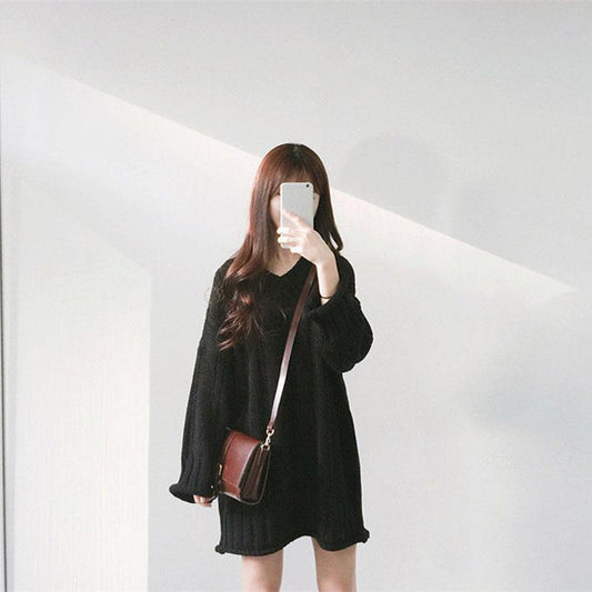 Autumn and Winter Female Student Sweater Fashion Korean Style Simple Coat Loose and Versatile Mid-length Sweater Dress