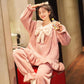 Women's Winter Pajamas Set Cute Bow Large Neckline Thickened Coral Plus Velvet Suit Plush Home Wear Flannel Suit Lovely Cartoon Set
