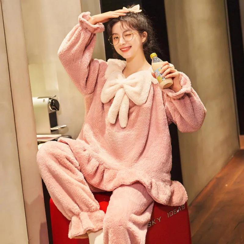 Women's Winter Pajamas Set Cute Bow Large Neckline Thickened Coral Plus Velvet Suit Plush Home Wear Flannel Suit Lovely Cartoon Set