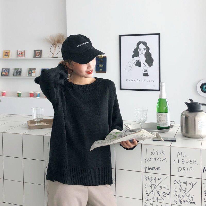 Lady Minimalist Simple Color Slim Knitwear O-neck Bottoming Top Pullover Sweater Jumper Top