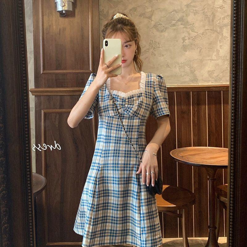 Female Vintage Elegant Plaid Square Neck Bubble Sleeve Vacation Dress Slim Graceful Short Holiday Dress