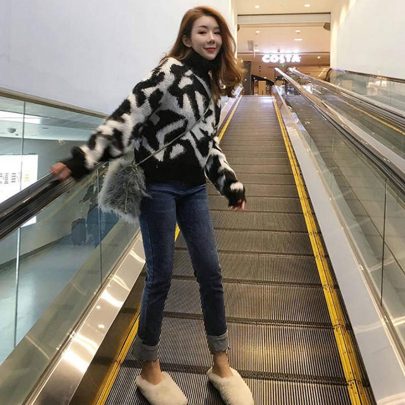 2 Colors Sexy Lady Turtleneck Leopard Sweater Knitwear Loose Pullover Jumper Short Top