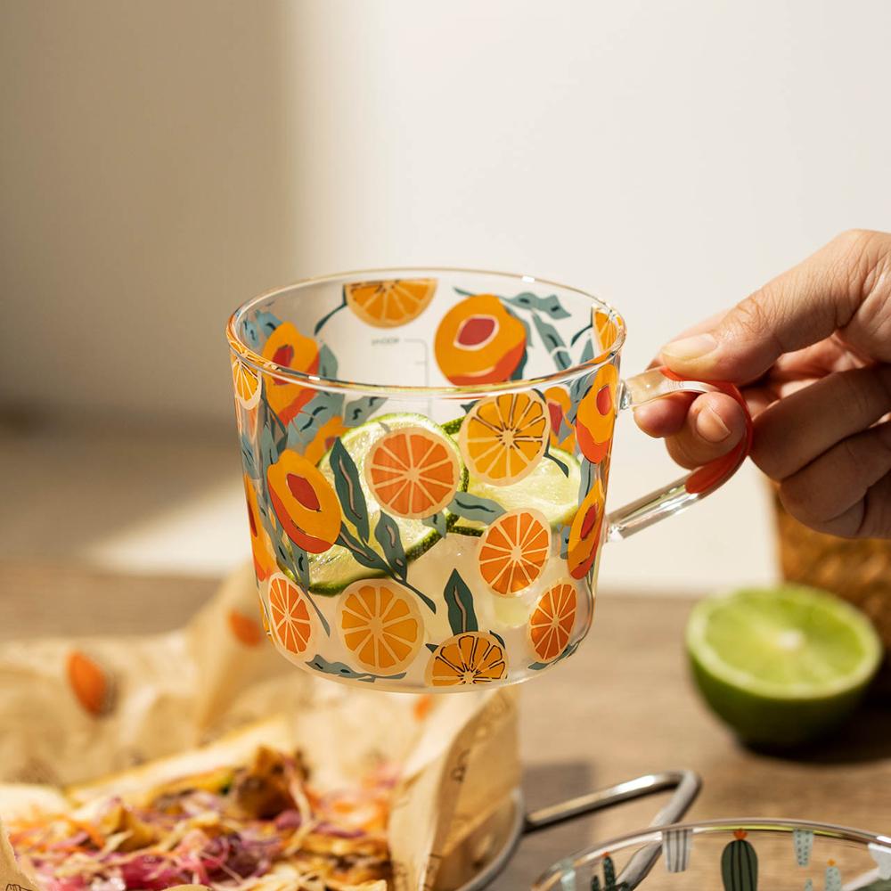 500ml Yellow Peach Cactus Glass Tea Milk Cups with Scale Coffee Mug Party Creative Drinkware Tumbler Water Cups