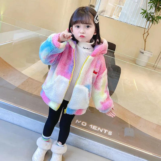 Girls Plus Velvet Fur Autumn and Winter Girls Western Style Children's Thickened Baby Girl Warm Jacket Plus Velvet Quilted Colorful Wool Sweater