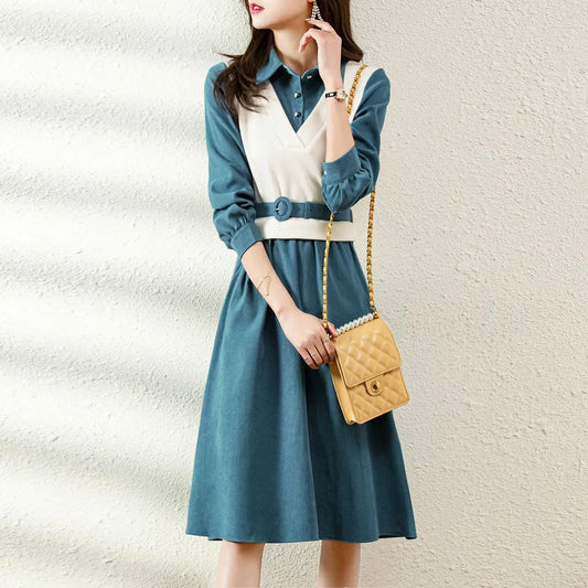 Waistband Fake Two-piece Temperament Dress In Autumn and Winter Waist Was Thinner Fashionable Dress for Age Reduction Women