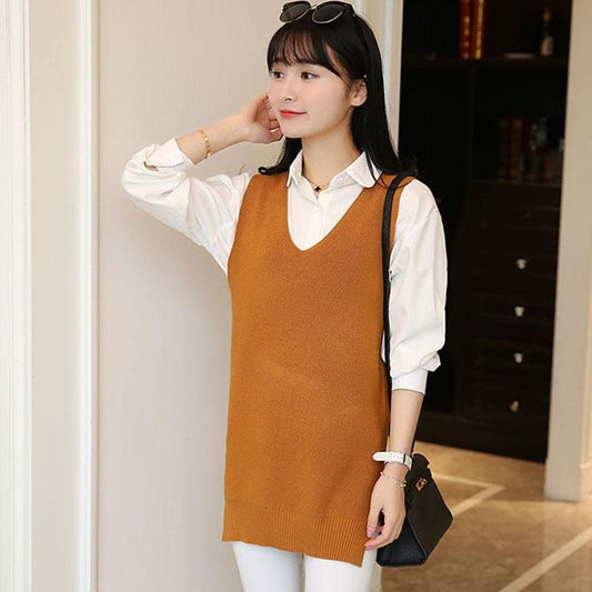 Spring and Autumn Plus Size Knitted Sweater Mid-length Loose V-neck Vest Fashion Solid Color Women's Top