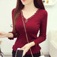 Autumn and Winter V-neck Knitted Bottoming Shirt Sweet Style Wood Ear Tight-fitting Sweater Beaded All-match Female Top