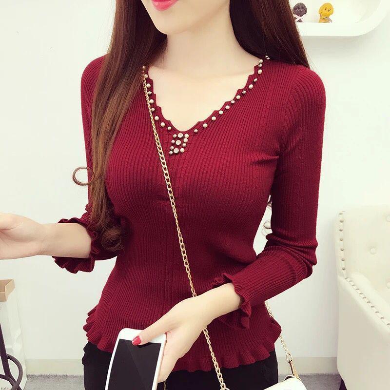 Autumn and Winter V-neck Knitted Bottoming Shirt Sweet Style Wood Ear Tight-fitting Sweater Beaded All-match Female Top