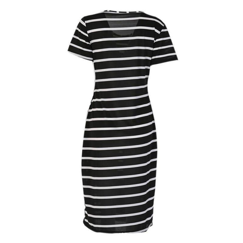 Fashion S-3XL Maxi T Shirt Women's Cute White and Black Strips Loose Tops Dress