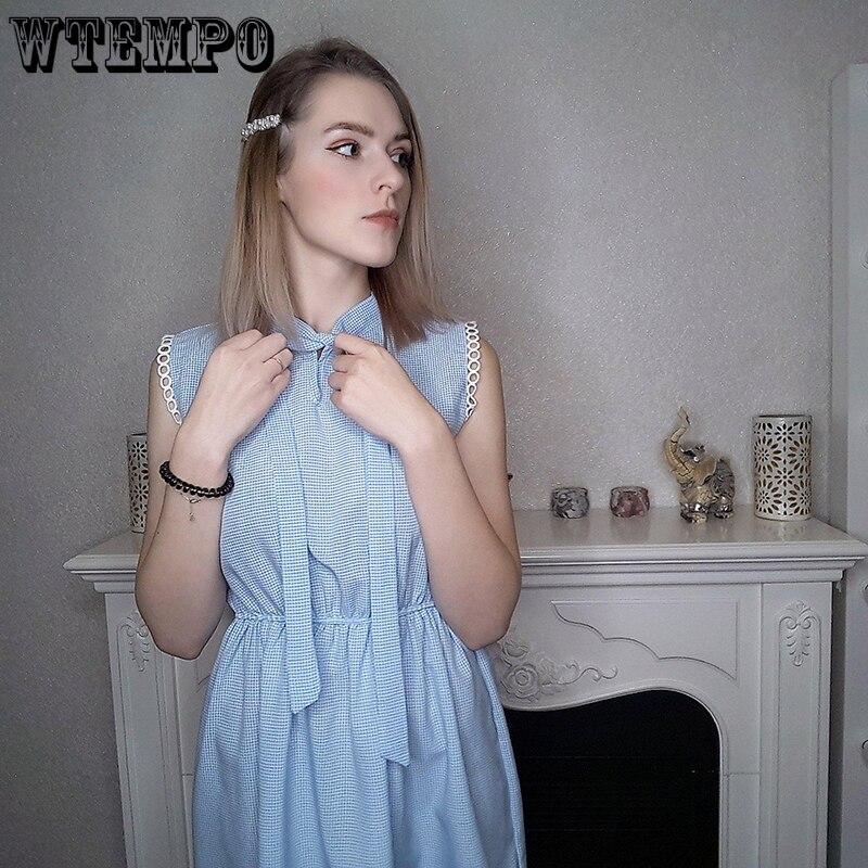 Women Summer Dresses Sleeveless Light Blue Sweet Mini Dress Bandage Collar Plaid Casual Dress Sexy Plus Size Slim Clothes