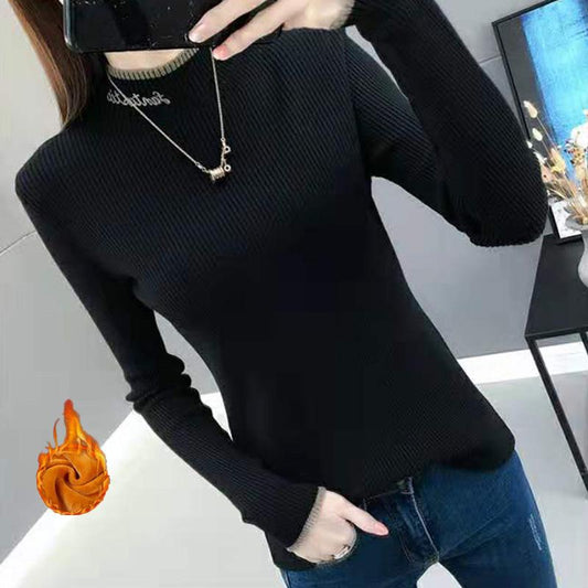 Autumn and Winter Korean Version of Warm Knit Sweater Slim Long-sleeved Solid Color Top Plus Velvet Thick Round Neck Sweater
