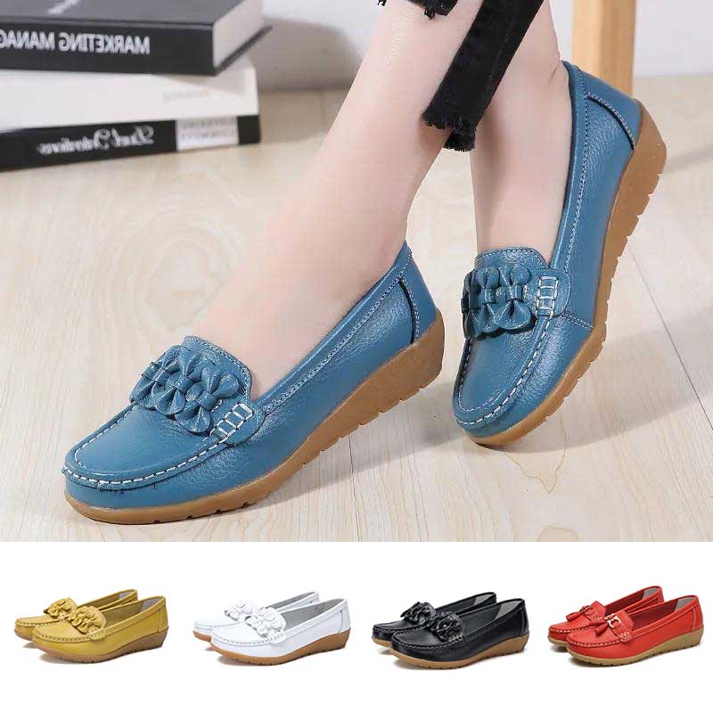 Women's Single Shoes Fashion Peas Shoes Leather Soft Sole Wedge Heel Shoes